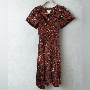 Rust Leopard Print Mini Dress | Smocked Waist Boho Flowy Short Sleeve Dress